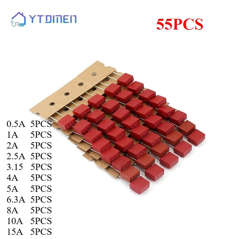 55PCS Square Fuse Components Kit 250V Fuse for Slow Blow Tube Fuse 0.5A 1A 2A 2.5A 3.15A 4A 5A 6.3A 8A 10A 15A