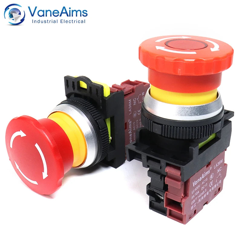 30mm LA36M Emergency Stop Push Button Switch Latching Self locked Plastic Mushroom E-stop Switch with Red LED Light 220v 12v 24v
