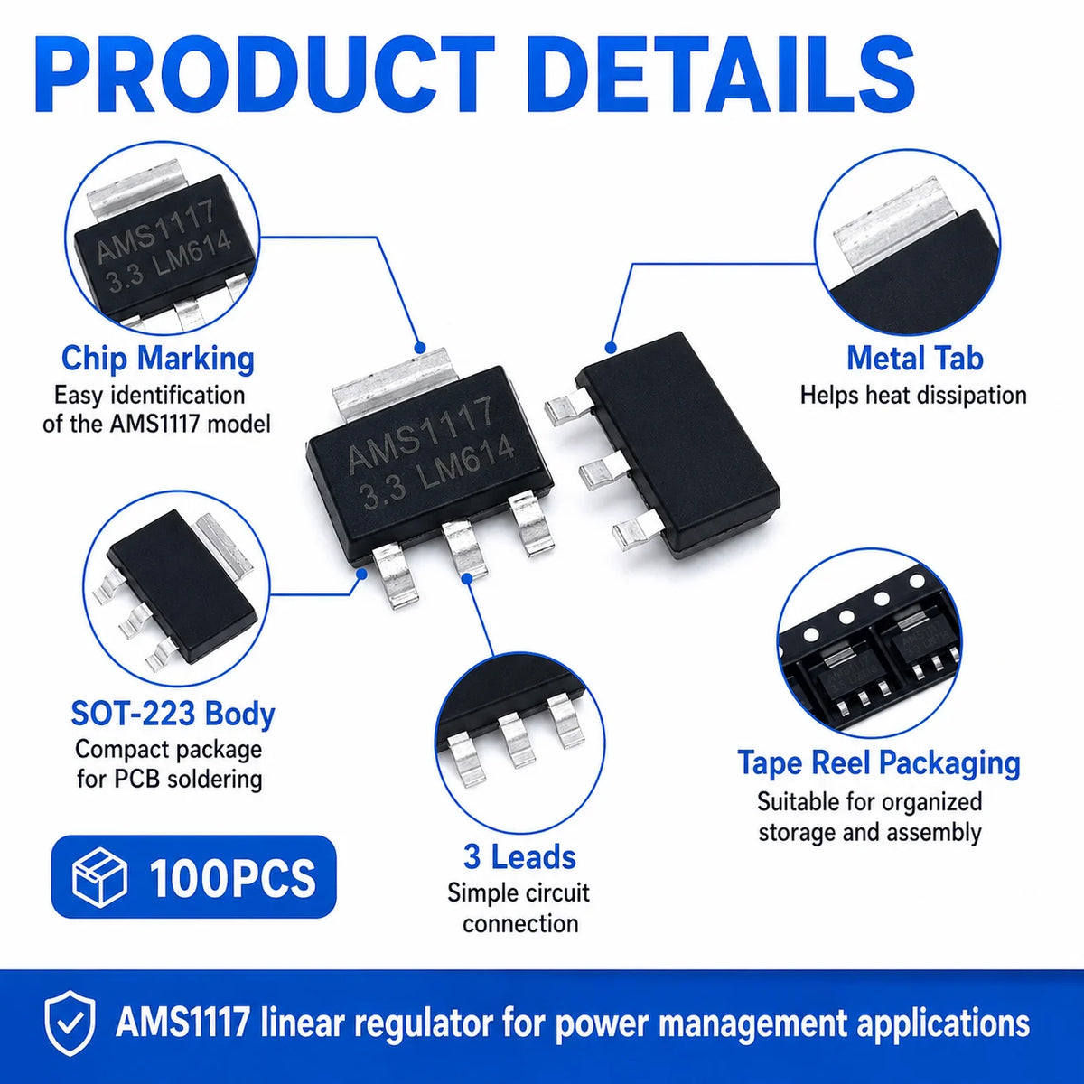100PCS AMS1117 LM1117 SOT-223 LDO Linear Voltage Regulator IC 1.2V 1.5V 1.8V 2.5V 3.3V 5V ADJ