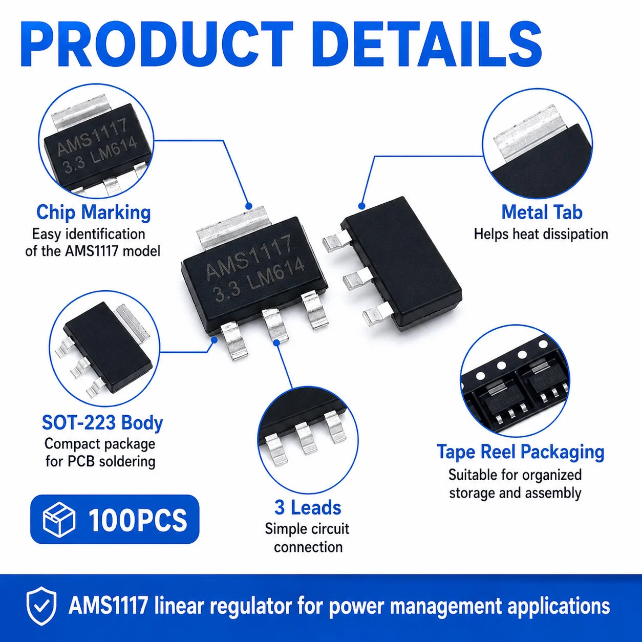 100PCS AMS1117 LM1117 SOT-223 LDO Linear Voltage Regulator IC 1.2V 1.5V 1.8V 2.5V 3.3V 5V ADJ