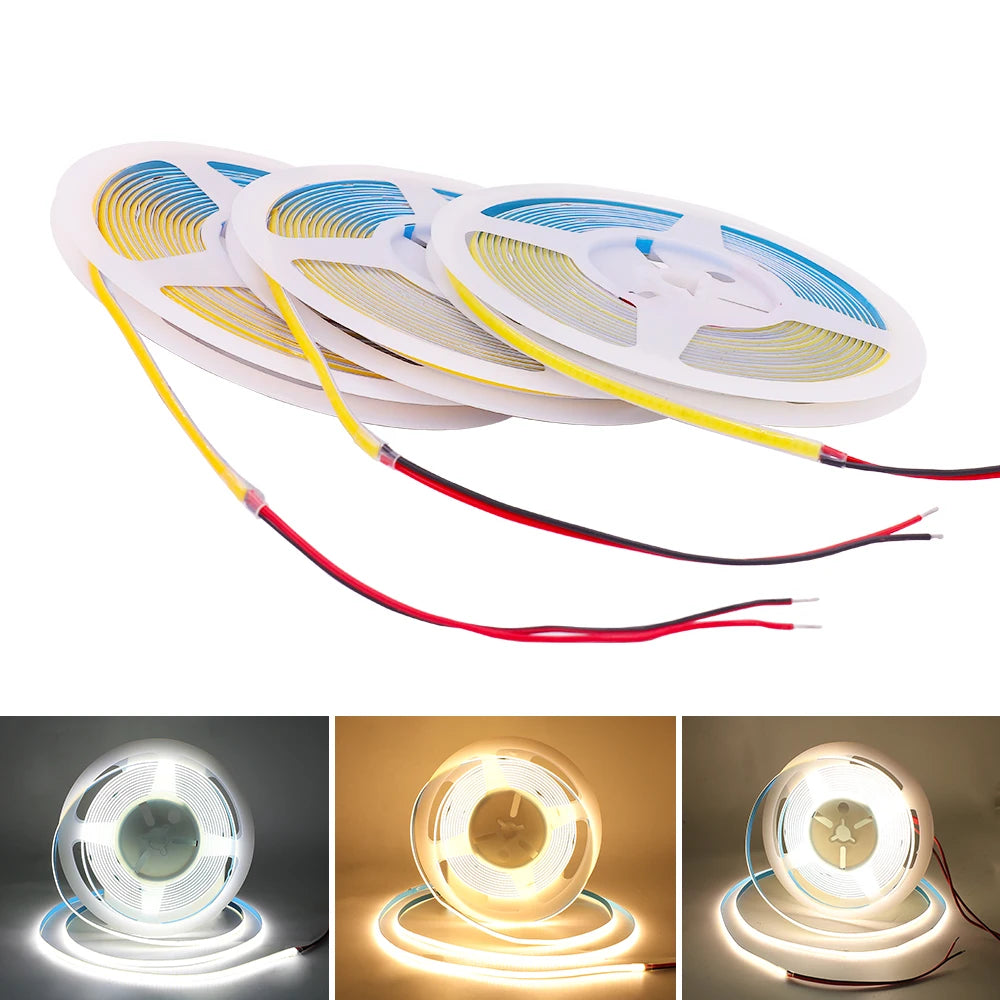 DC 5V 12V 24V COB LED Strip 320 384 480 528LEDs/m High Density Flexible COB LED Tape Light Bar 3MM 5MM 8MM PCB Linear Light