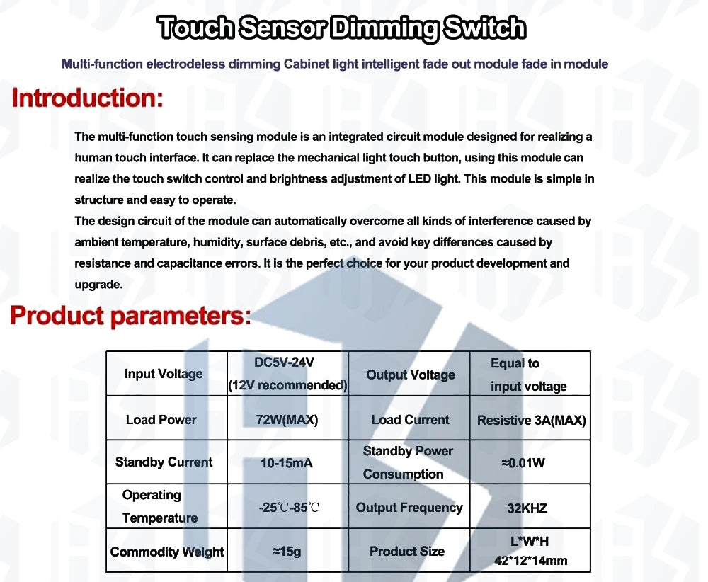 Touch Switch Capacitive Module 5V-24V 3A LED Dimming Control Lamps Active Components Short Distance Scan Sweep Hand Sensor Touc