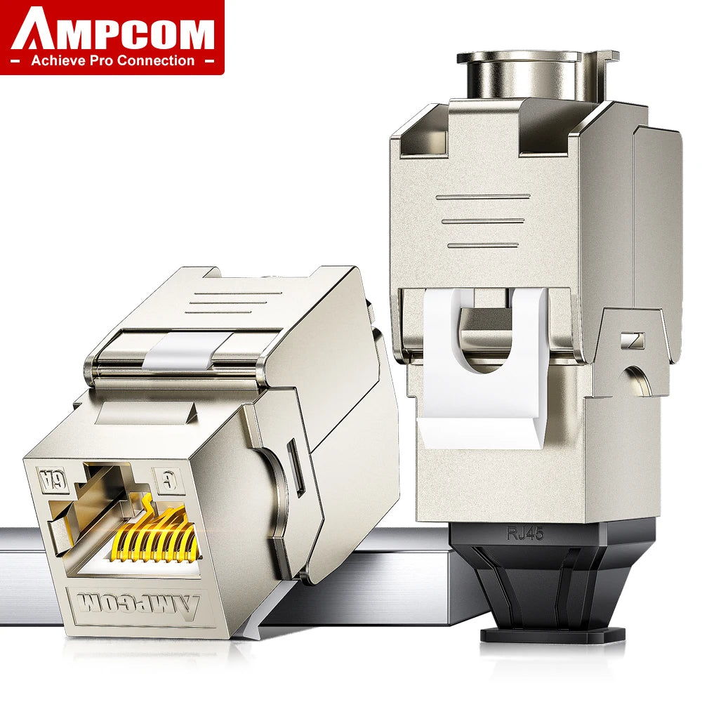 AMPCOM Pro Cat7/6A/6 Shielded Keystone Jack, Zinc Alloy Toolless RJ45 Connector with 50u Gold Plated Pins for High-Speed Network