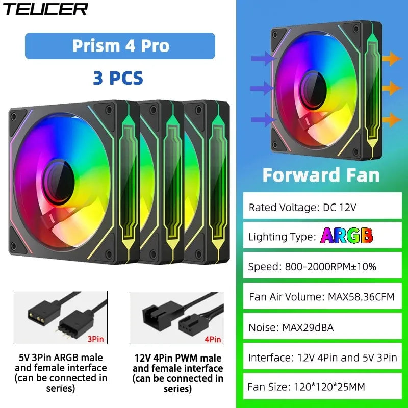 TEUCER Prism4 Forward/Reverse Fans 120MM 5V 3PIN ARGB 12V 4PIN PWM  2000RPM Hydraulic Bearing Design Stable&Quiet For Gamer