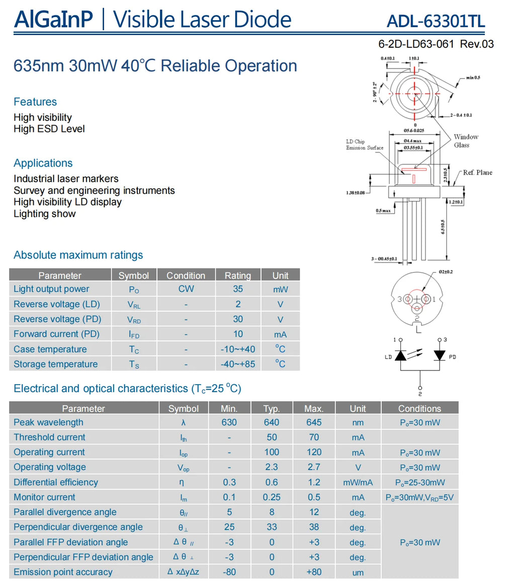 1piece 635nm 5mW RED Laser Diode TO56 N-Type RLD63NPC5 C6 638nm 640nm 10mW 15mW 30mW 50mW 120mW LD185mW GH0631IA2KC