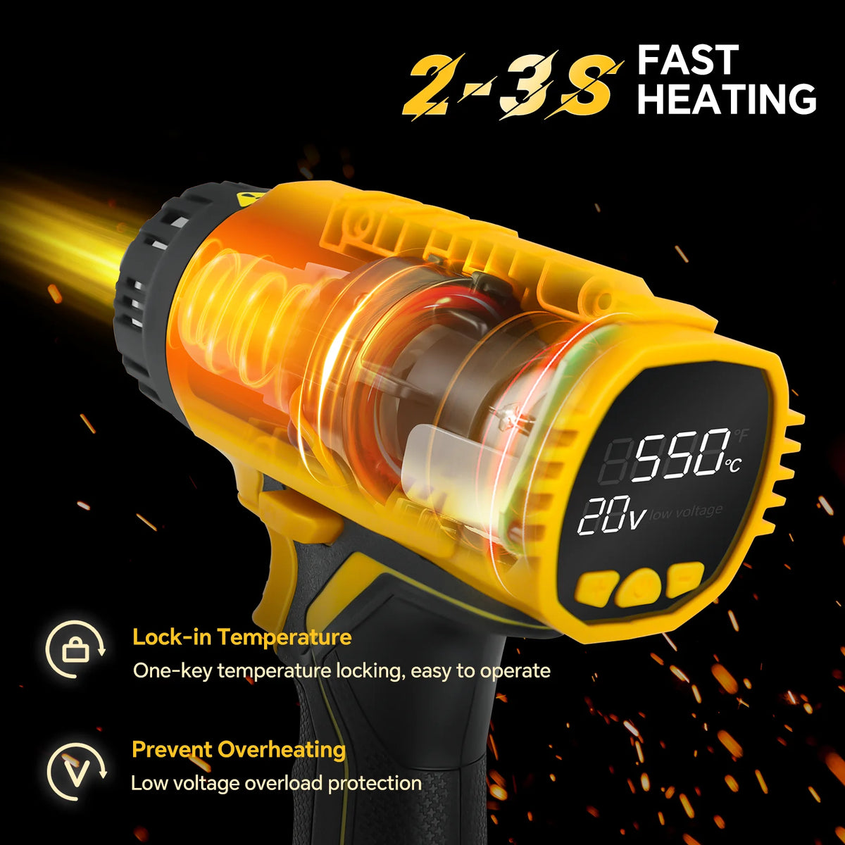 400W Cordless Heat Gun 50℃-550℃ Variable Temperature with LCD Digital Display Soldering Hot Air Gun for Dewalt 20V Battery Pin