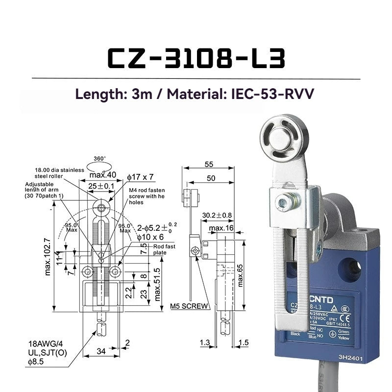 CNTD Micro Travel Limit Switch CZ‑3 Series CZ‑3101 CZ‑3104 CZ‑3108 CZ‑3112 IP67 Waterproof 5A 250V Position Control Switch