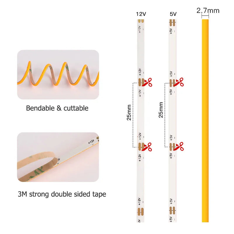 5v 12v Orange COB LED Strip Utlra Thin 2.7mm Flexible Ribbon Tape for car Lights Room Decor Amber 1800K 1900K 1m 2m 3m 5m 0.5m