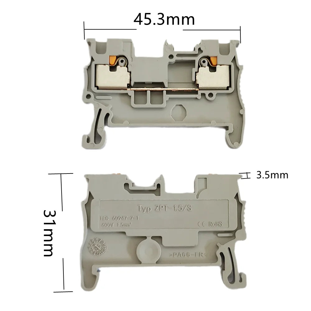 10PCS PT1.5 Screw Free Terminal Block 1.5mm² Wire Quick Push-In Din Rail Terminal Electrical Connector