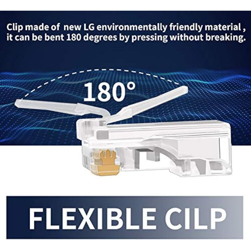 RJ45 Cat6 Cat6a Pass Through Connectors Gold Plated 8P8C Modular Plugs for 23AWG Twisted Pair Wire & Standard Cables (100 Pack)