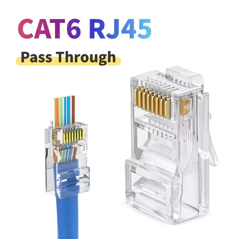 RJ45 Cat6 Pass-Through Connectors Gold-Plated Unmodule Plug Network RJ-45 Crystal Head Ethernet Cable 50/100pcs