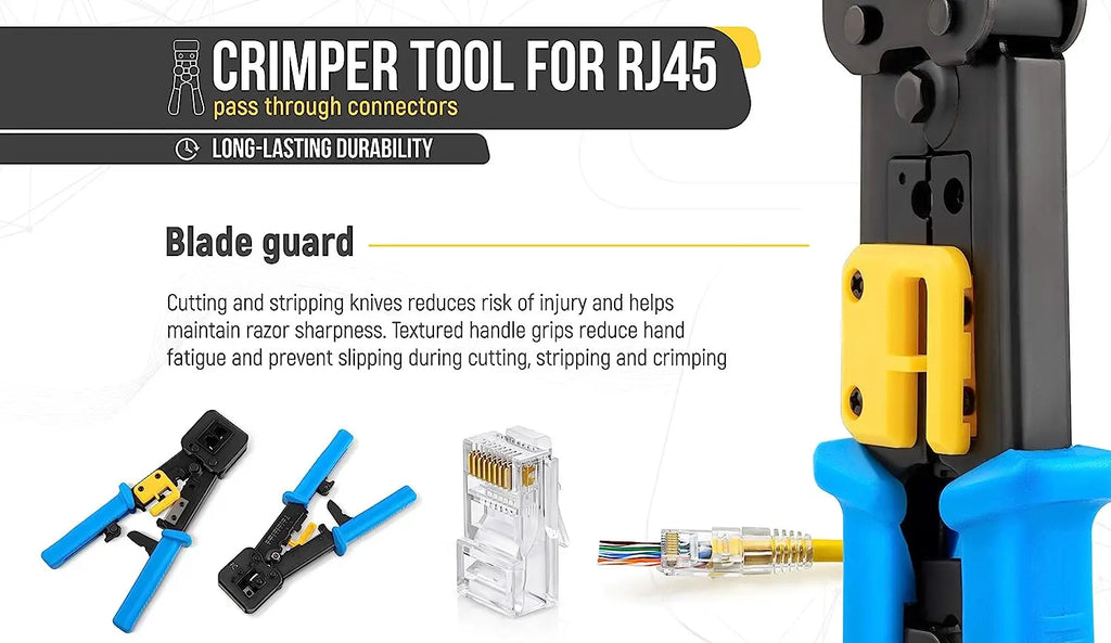 Hoolnx RJ45 Crimp Tool Pass Through Ethernet Crimper Cutter Stripper for Cat5e Cat6 RJ45/RJ12 Regular and End Pass Through Plugs