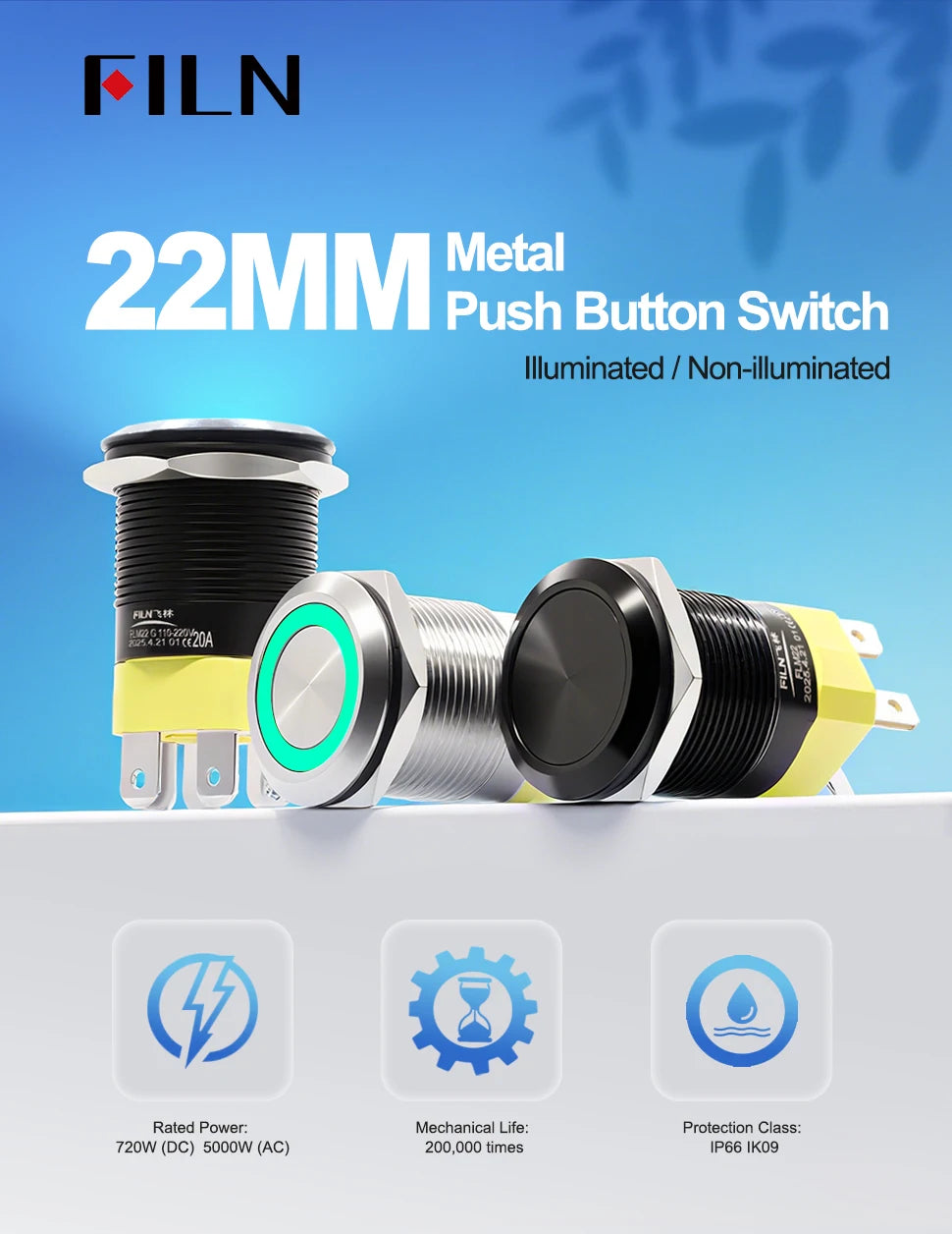 FILN 22mm 20A Metal Push Button Switch with Wire Harness Connector IP67 Waterproof LED Ring Light High Current Switch 12V 220V