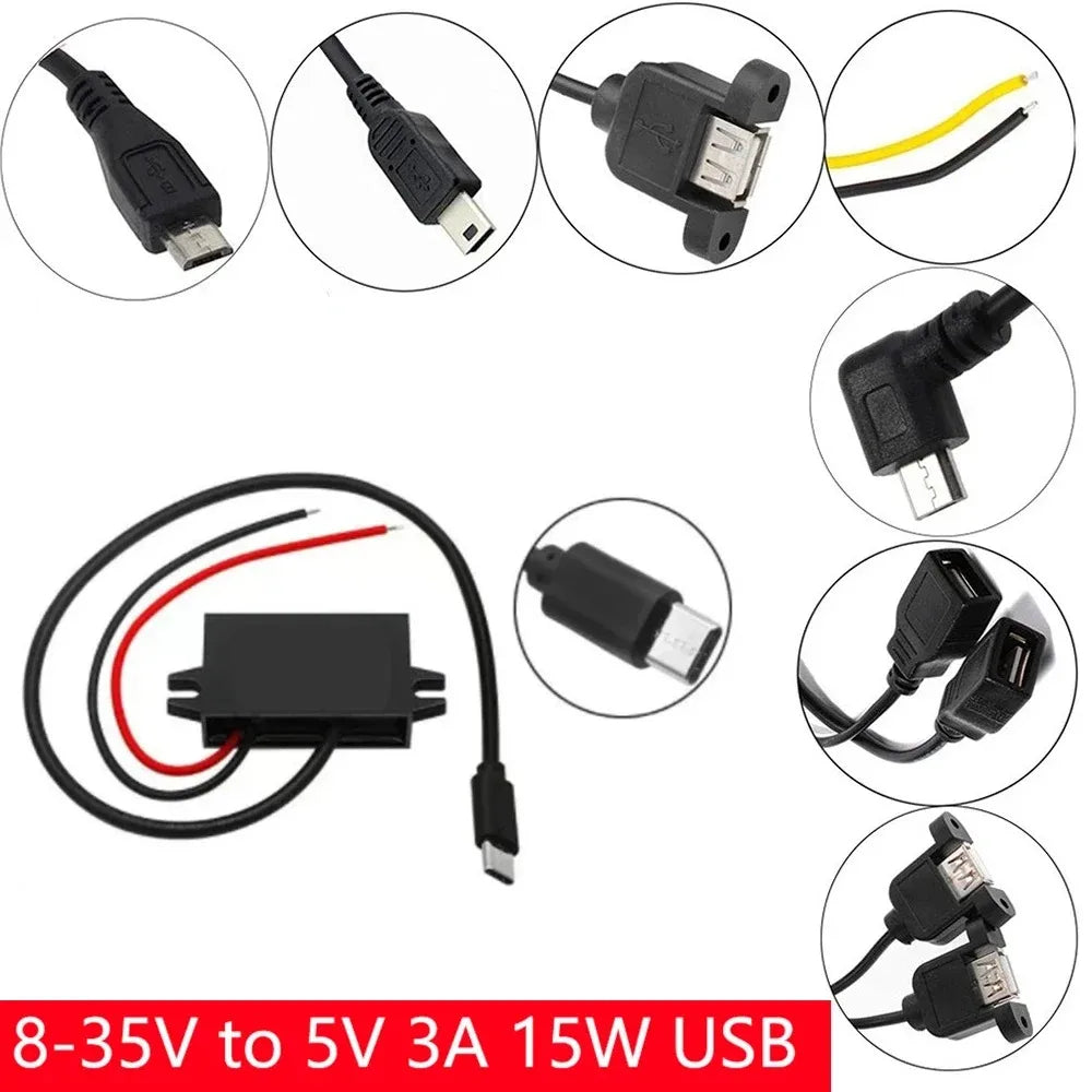 12V24V to 5V 3A Charging Converter DC to 12V to 5V Step Down Converter with Female/MICRO/TYPE C/MINI USB for Car Motorcycle