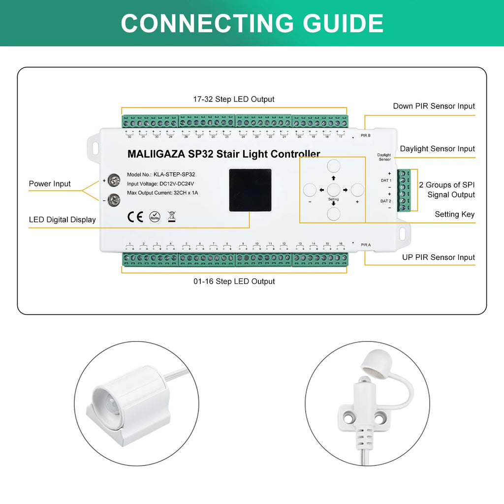 Motion Sensor Stair LED Controller 12V 24V Stair Step LED Strip Light Side Pixel Strip Light 1-32 Steps Indoor Stairway Lighting