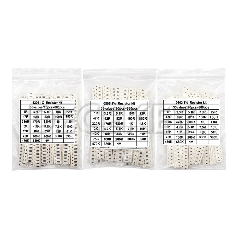 1206 0805 0603 0402 0201 SMD Resistor 1Ohm-1M ohm Sample Assorted Kit 1% 33valuesX 20pcs=660pcs