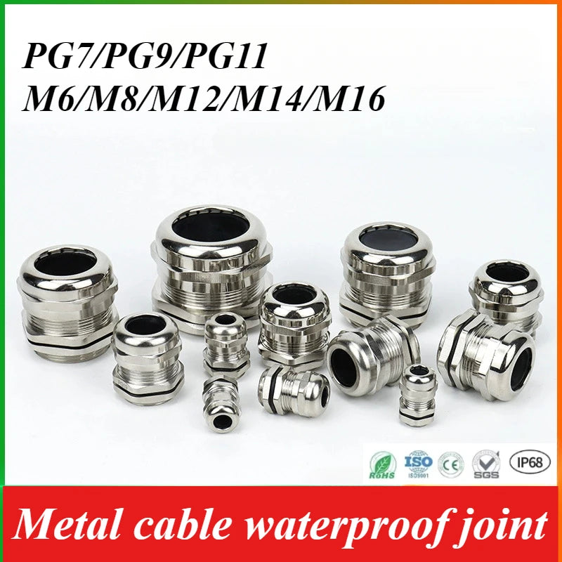 10pcs Waterproof Cable Gland Connector IP68 Nickel Plated Brass Metric Cable M6 M8 M10 M12 M14 M16 PG7 PG9 PG11 For 1-14mm Wire