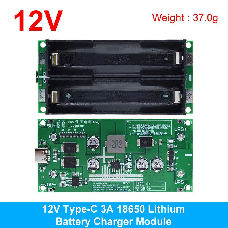 TZT Type-C 15W 3A Fast Charge UPS Power Supply / 18650 Lithium Battery Charger Module DC-DC Step Up Booster Converter 5V 9V 12V