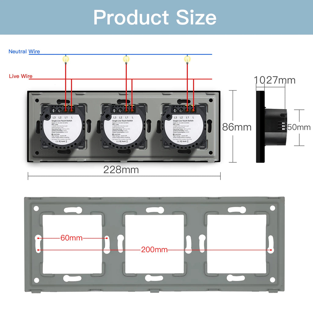 BSEED Touch Switches 1/2/3Gang 1Way Wall Light Switches Blue LED Backlight Glass Sensor Screen Home Switches Black EU Standard