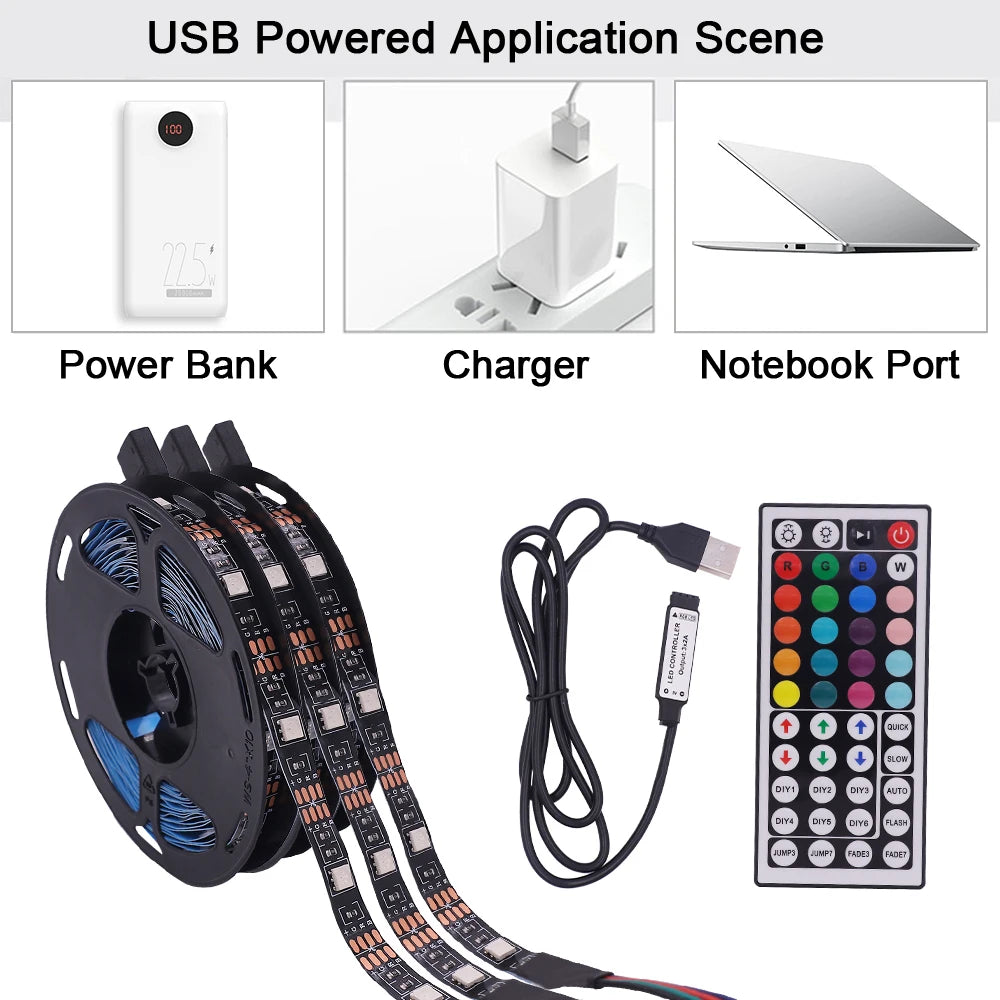 5V USB LED Strip RGB Light 5050 24key / 44key Remote Control Kit USB Power Waterproof Flexible Led Tape Adhesive TV Backlights