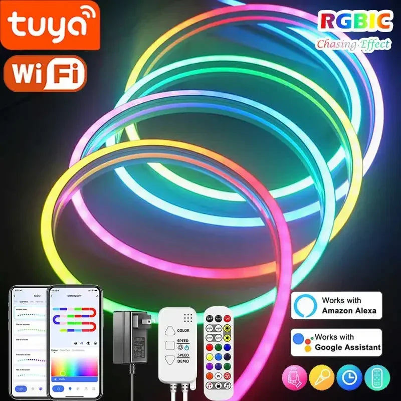 TUYA Neon LED Strip Lights Silicone Neon Rope Light 5-24V 84LEDs/M with Music Sync RGBIC Dreamcolor Chasing Strip Tape for Room
