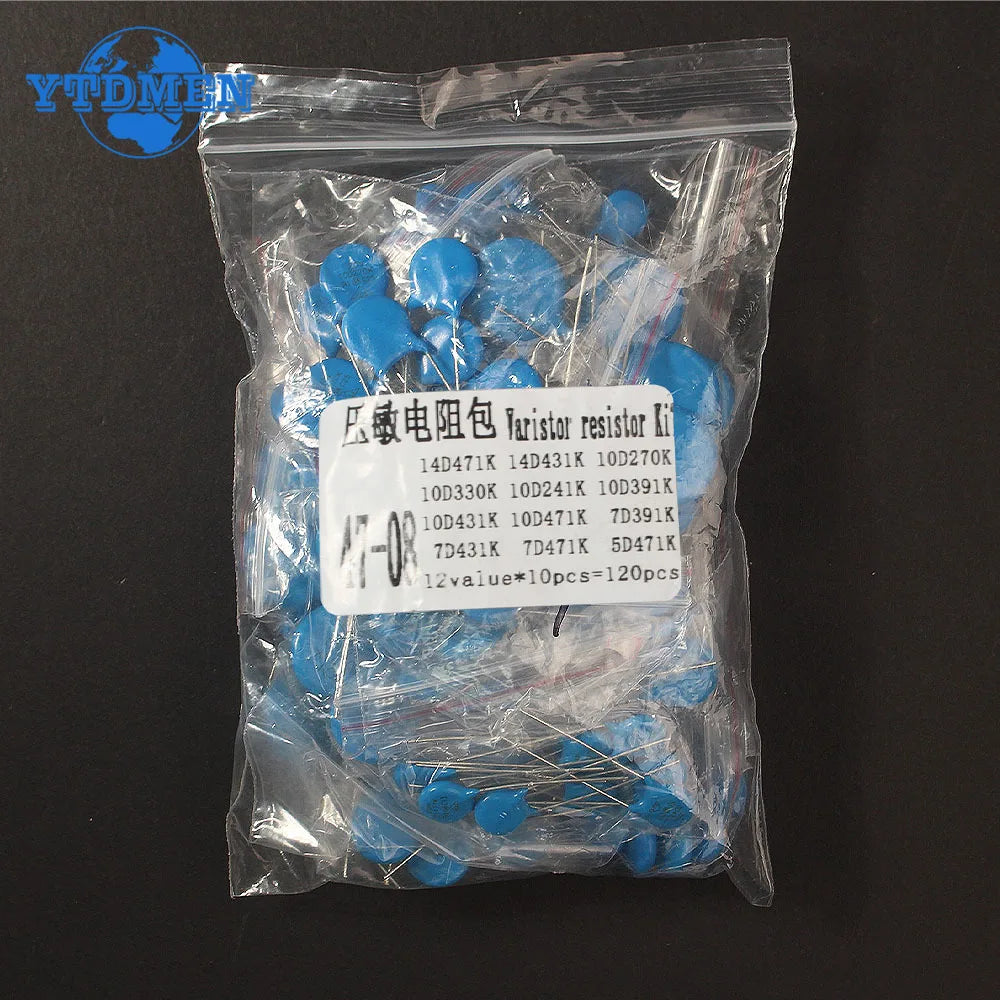 120PCS Varistor Resistors Electronic Kit 7d471k 7d431k 5d471k 7d391k 10d471k 10d431k 10d391k 14d471k 14d431k 10d241k 12values*10