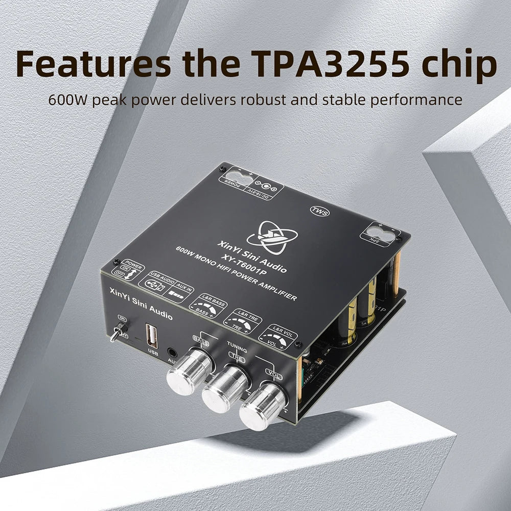 XY-T6001P Mono 600W Amplifier Board TPA3255 DC 19-51V TWS True Wireless Bluetooth 5.0 AUX USB APP Control for Car Home Audio DIY