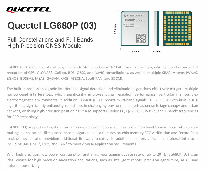 Quectel High-Precision Full-Band Full-System Rtk Module Lg680P Module Board Gnss Centimeter-Level Development Board