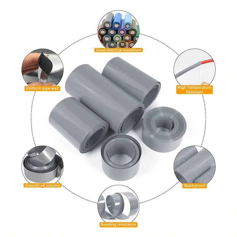 1/5m PVC Heat Shrink Tube Width 50mm ~ 450mm Grey 18650 Lipo Battery Pack Insulated Cable Sleeve Protection Battery Film Wrap