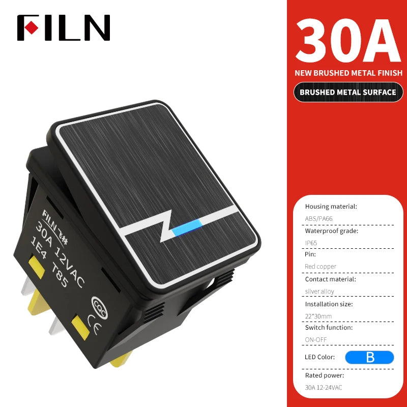 FILN 30A/220V Heavy Duty 4 Pin DPST IP67 Sealed Waterproof T85 Auto Boat Marine Toggle Rocker Switch with LED 12V 220V 30x22