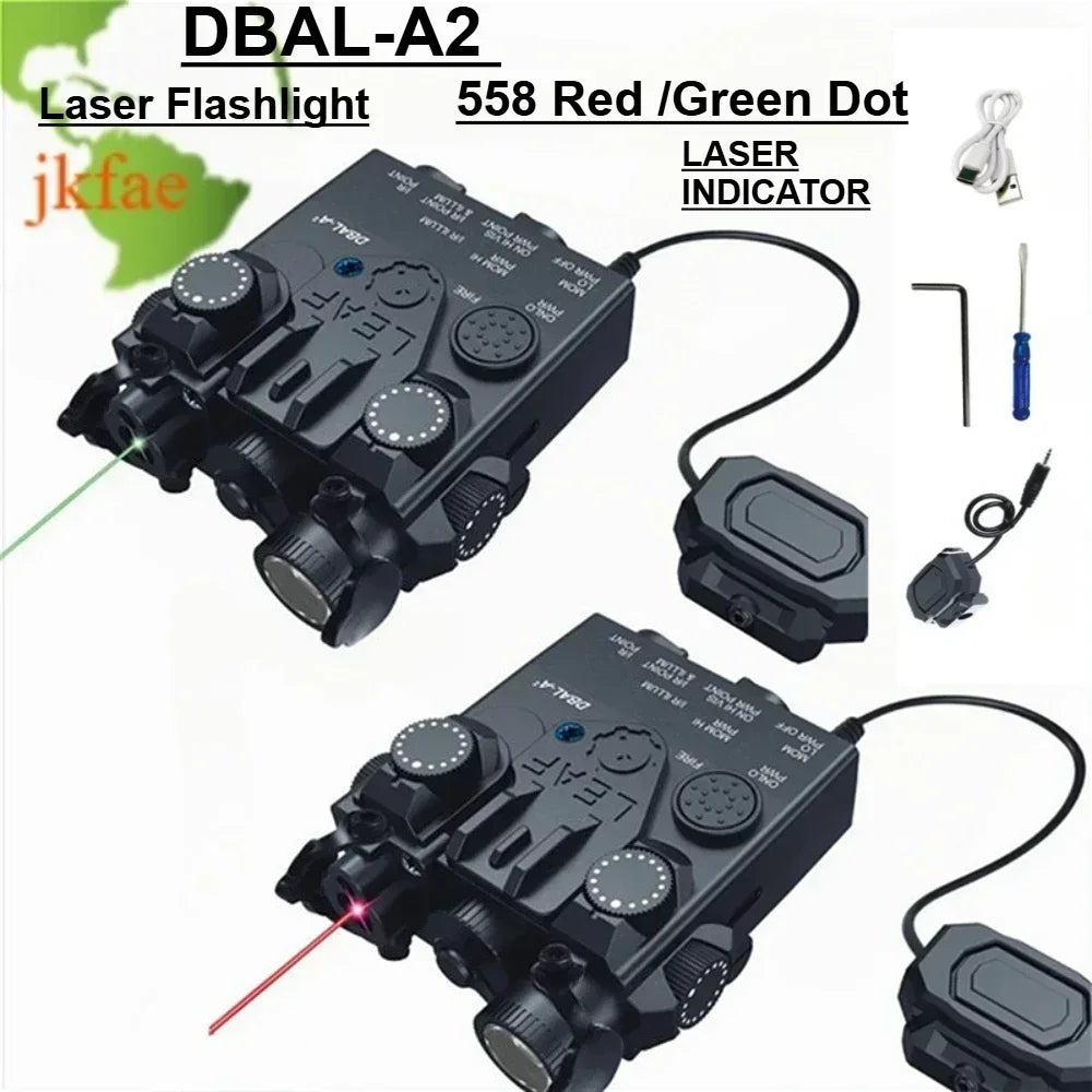 DBAL-A2 Red Green Laser Sight, White LED Flashlight Integrated Design, Aiming Indicator for 20mm Rail Outdoor Toy Parts