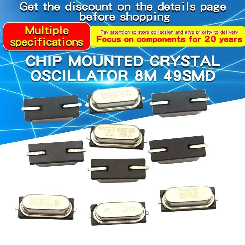 10PCS 4Mhz 6Mhz 8Mhz 12Mhz 11.0592MHZ 14.318MHZ 16MHZ 20MHz 24MHZ 25MHZ SMD Quartz Crystal Resonator Passive Oscillator HC49S