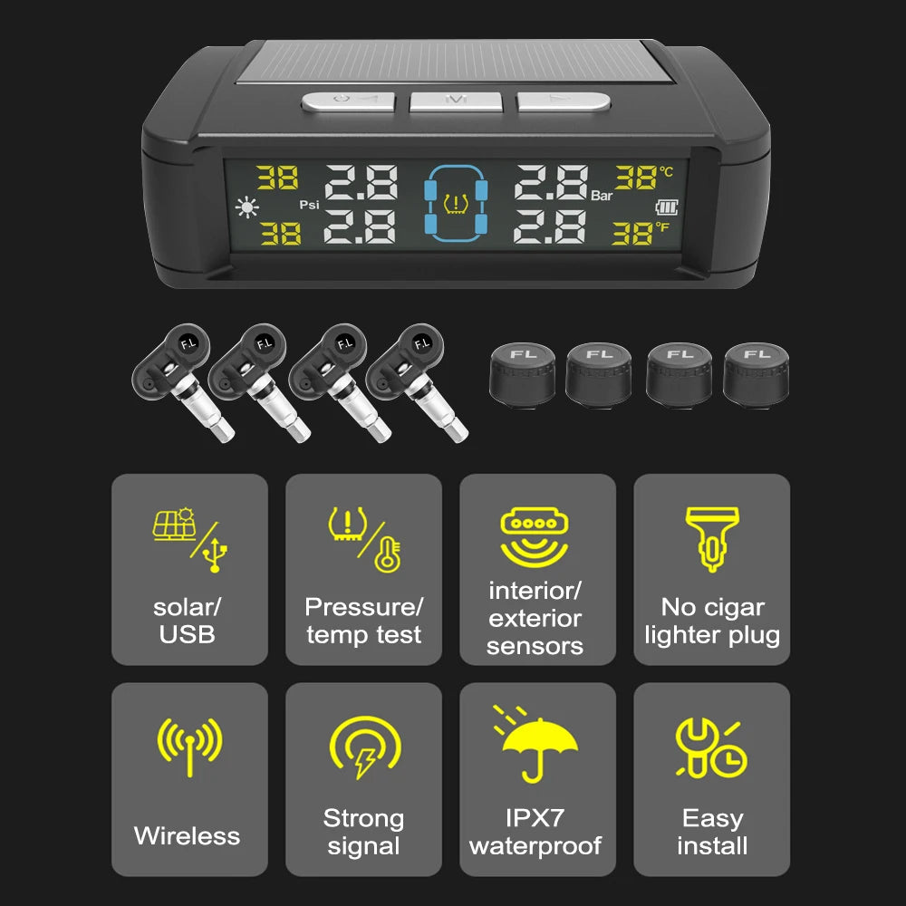 Temperature Warning Fuel Save Tire Pressure Monitoring System Solar TPMS With 4 External Sensors Car Tyre Pressure Monitor