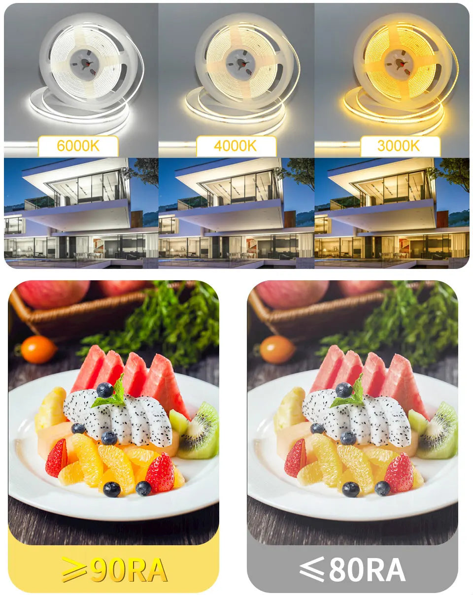 Linear regulável 24v 12v cob luzes de tira led 8mm 320leds/m fita flexível led para decoração do quarto 3000k 4000k 6000k 1m 5m