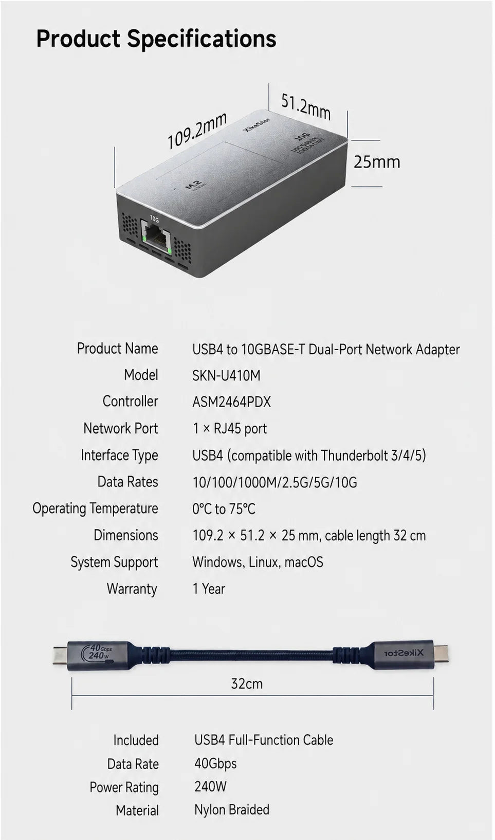 XikeStor SKN-U410M USB4 10GbE Ethernet Adapter 10G RJ45 with M.2 2230 NVMe SSD Enclosure for Thunderbolt 3/4/5 Mac PC