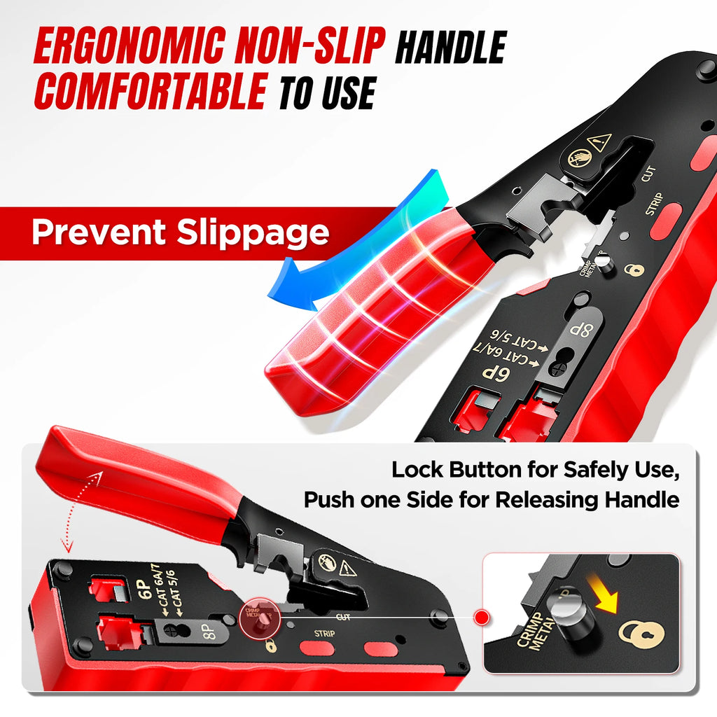 AMPCOM rj45 Crimper CAT7 Crimping Tool for Pass Through RJ11 RJ 45 Connector CAT6 CAT5E Modular Plugs With Wire Stripper Cutter