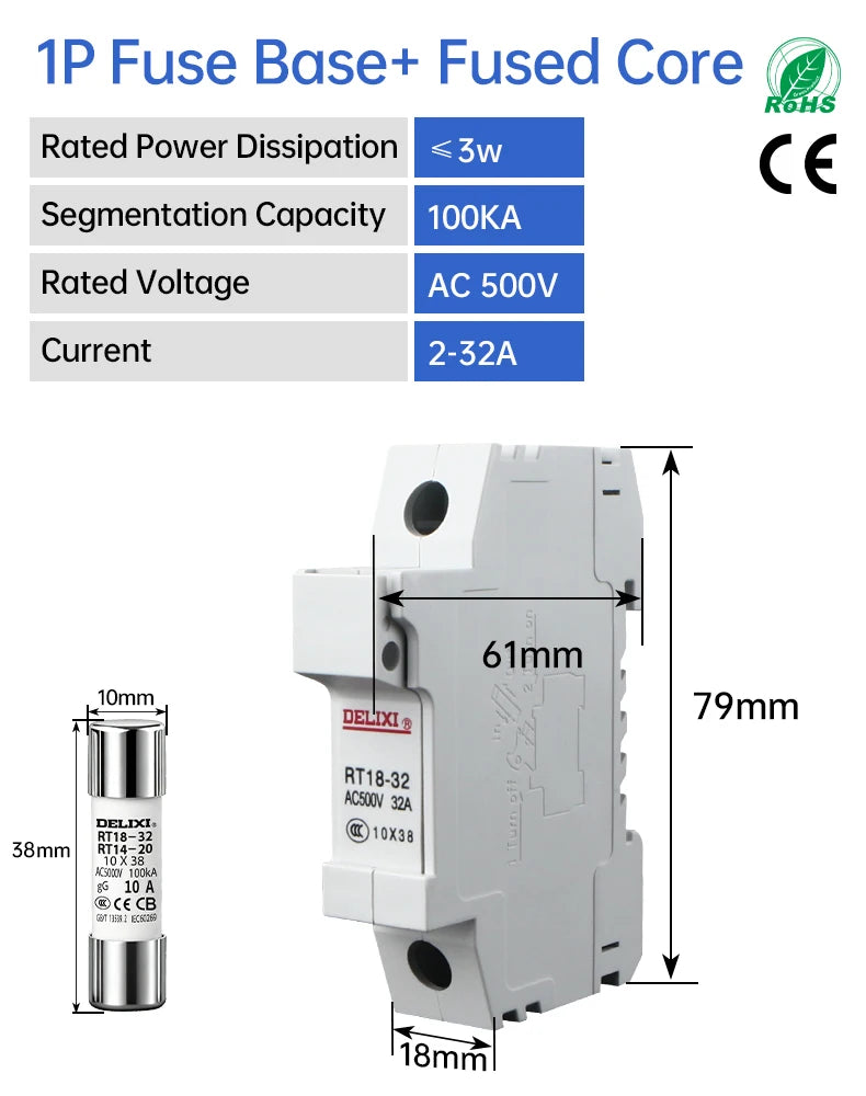 DELIXI RT18-32 1P Series Fuse Fusible Core Kit 500VAC 2-32A Ceramic Fuse NH00/gG Type For Circuit Breaker and Load Protection