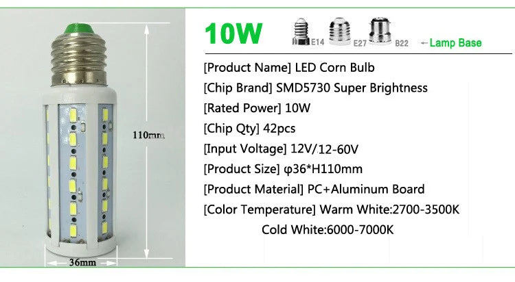 12-60v led corn bulbs smd 5730 12v 24v 36v 48v 60v LED corn light 7w 10w 15w 18w 25w 30W E27 B22 warm/cool white