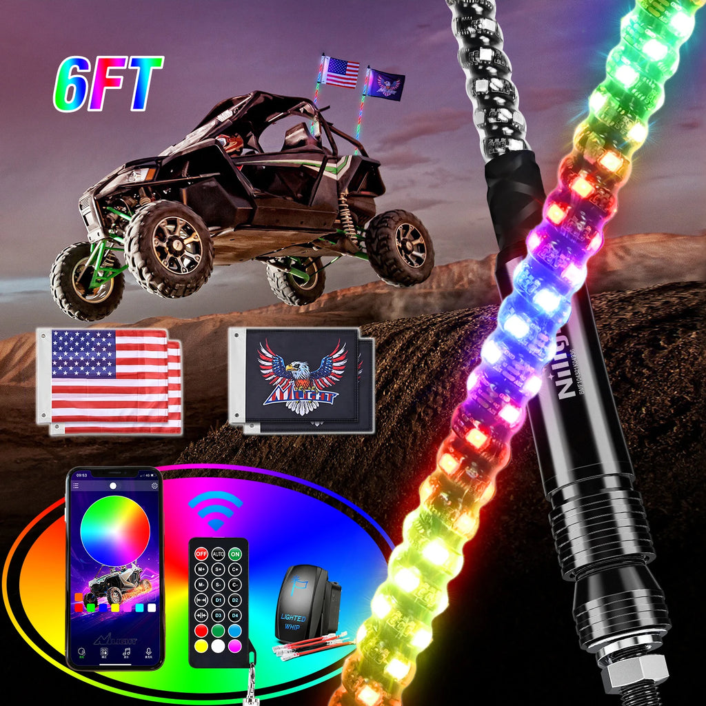Nilight  3-6FT RGB LED Whip Light, Spiral Neon Flagpole Lights With Remote Control Color Changing Lights for ATV UTV Buggy 2PCS