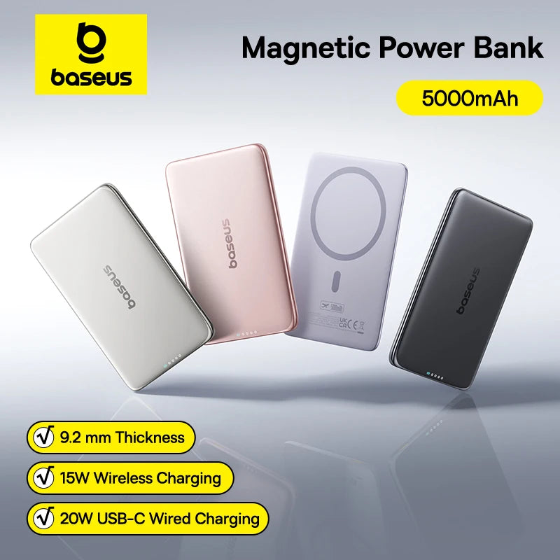Baseus 5000mAh Magnetic Power Bank 15W Wireless 20W Wired Charging Thin Card-Sized Slim Portable Powerbank for iPhone 17 Samsung