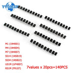 140pcs SMD Rectifier Schottky Diodes Kit 1N4007 M7 1N4001 M1 1N4004 M4 SS14 US1M RS1M SS34 7 Values*20pcs Electronic Diodes Kits