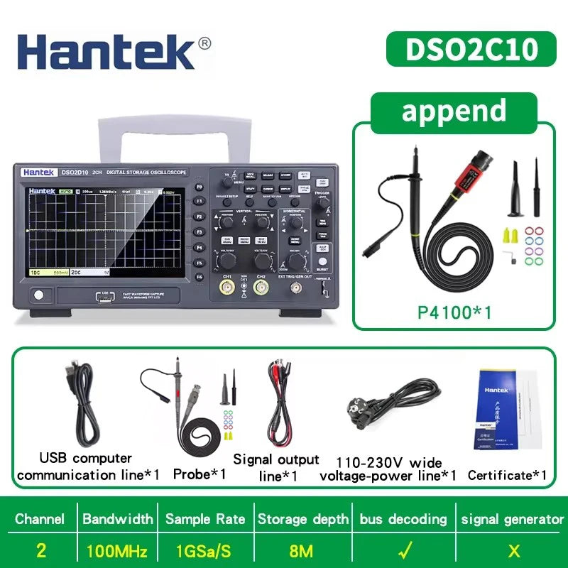 Hantek DSO2C10 DSO2C15 DSO2D10 DSO2D15 2CH Oscilloscope 100/150MHz 1GSa/s 8Mpts FFT UART I2C SPI CAN LIN 25MHz AWG D Models