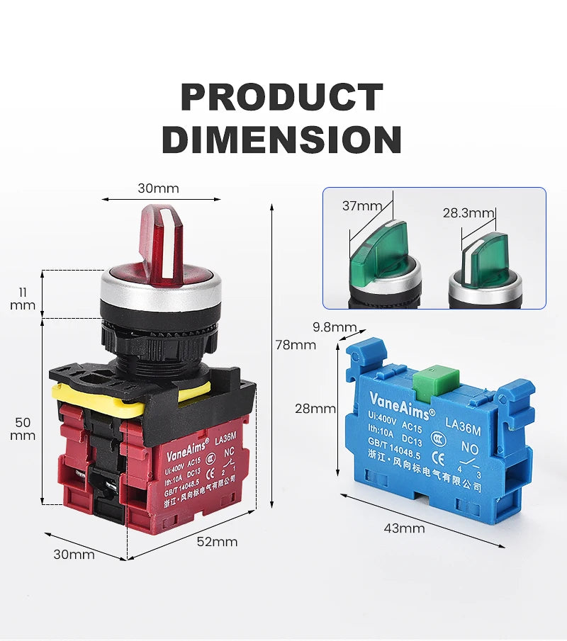 22mm LA36M Rotary Switch with LED Light 12V 24V 220V Knob Selector 2 position 3 Position Start Stop Switch On Off VaneAims
