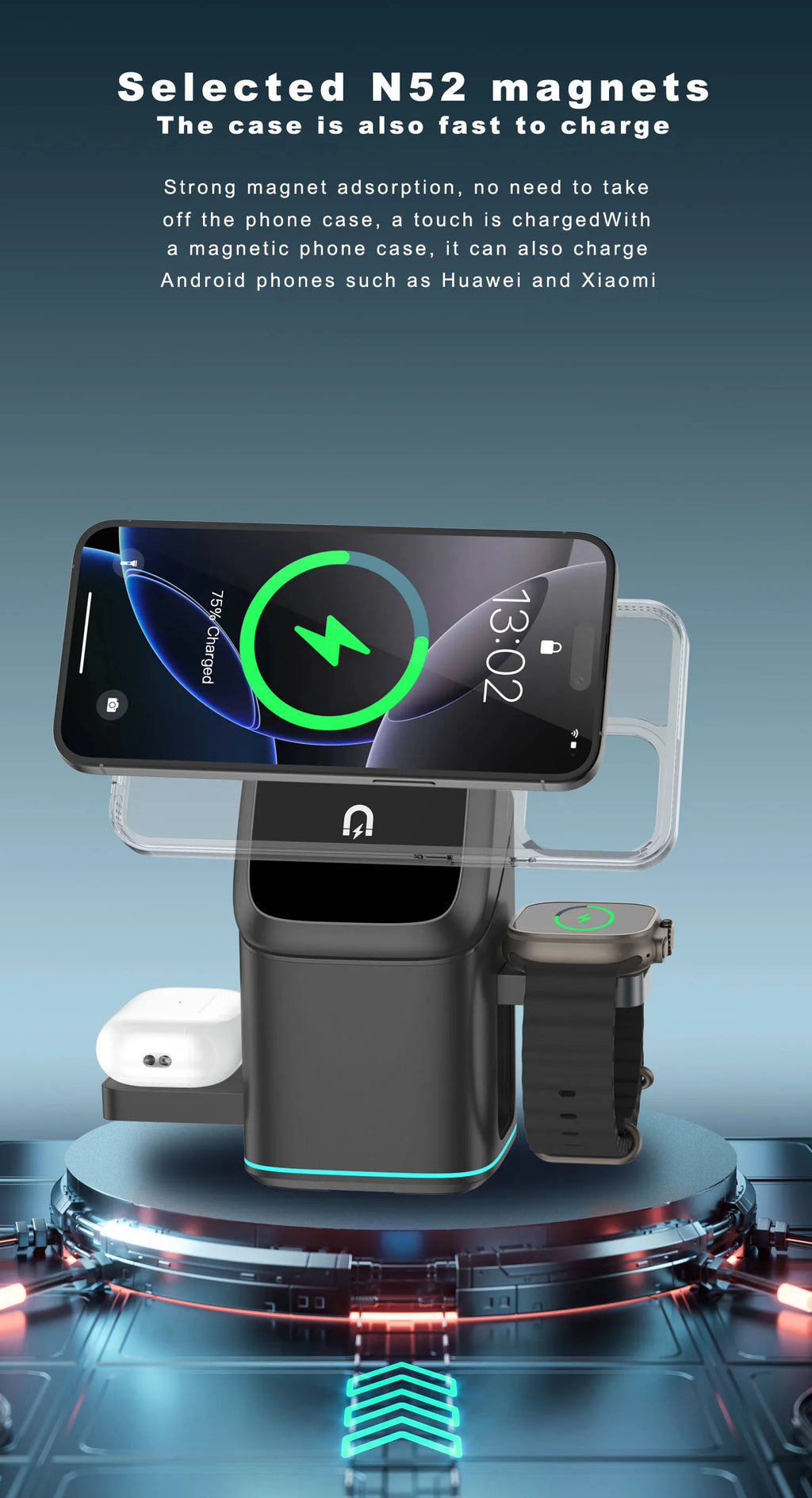 3 in 1 Magnetic Wireless Charger Fast Charger Intelligent Fast Charging for Samsung iPhone 12-16 HUAWEI iWatch AirPods