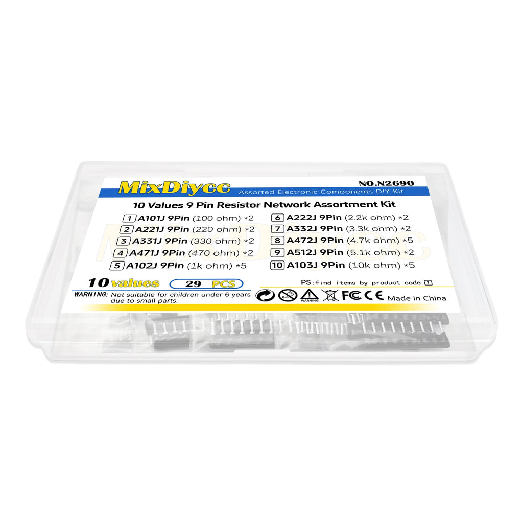 10 Values 9 Pin Radial Network Resistor Kit A101J A221J A331J A471J A102J A222J A332J A472J A512J A103J DIP Array Total 29 Pcs