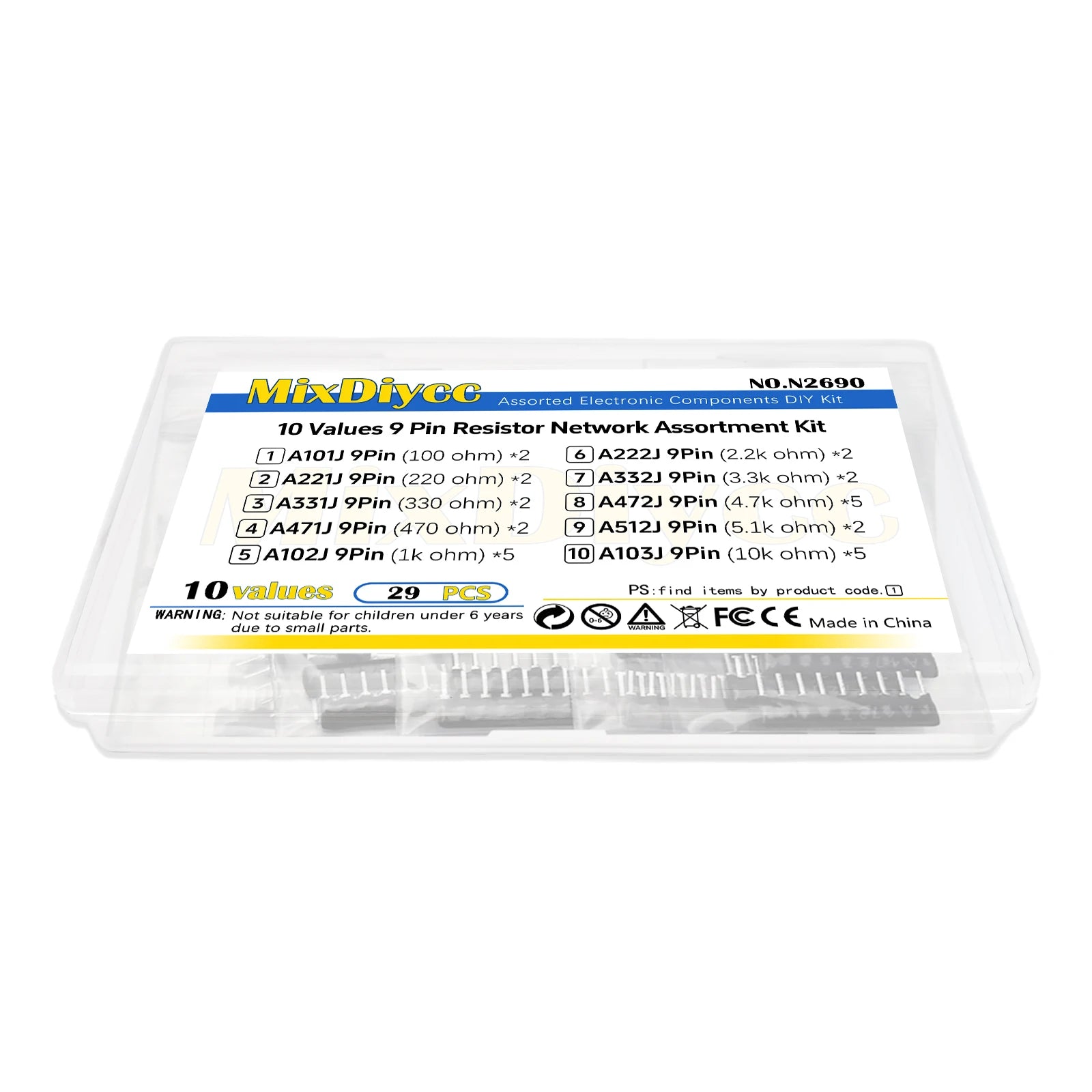 10 Values 9 Pin Radial Network Resistor Kit A101J A221J A331J A471J A102J A222J A332J A472J A512J A103J DIP Array Total 29 Pcs