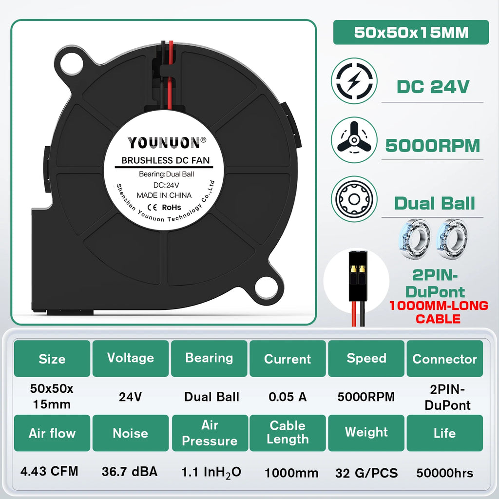 5015 5cm DC 5V 12V 24V 2Pin Dual Ball/Hydraulic Bearing Brushless Cooling Turbine Blower Fan 50mm x 15mm Blower Cooler Fan