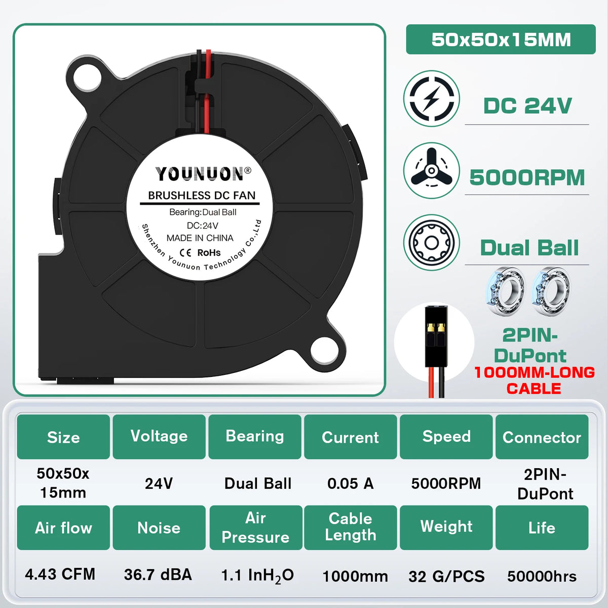 5015 5cm DC 5V 12V 24V 2Pin Dual Ball/Hydraulic Bearing Brushless Cooling Turbine Blower Fan 50mm x 15mm Blower Cooler Fan