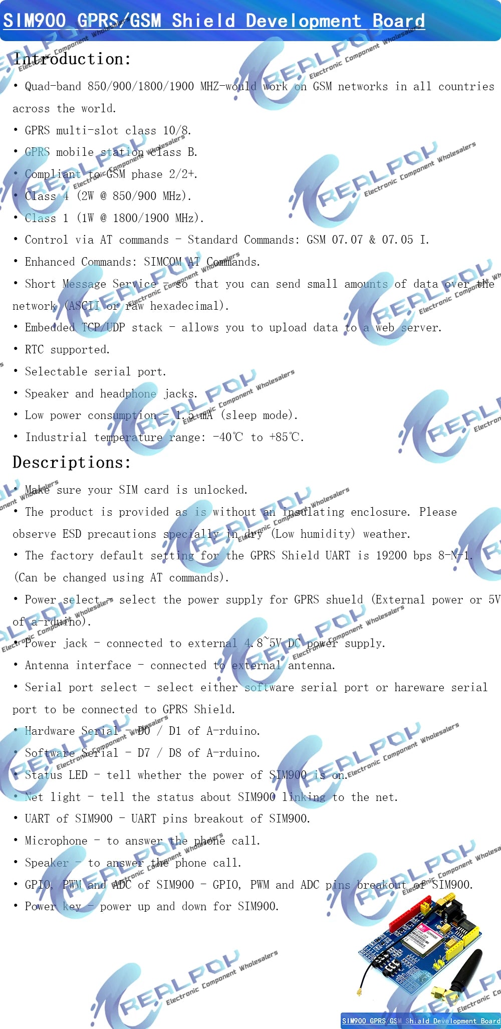 SIM900A / SIM900 V4.0 GPRS/GSM Shield Development Board Quad-Band Module For Arduino Compatible