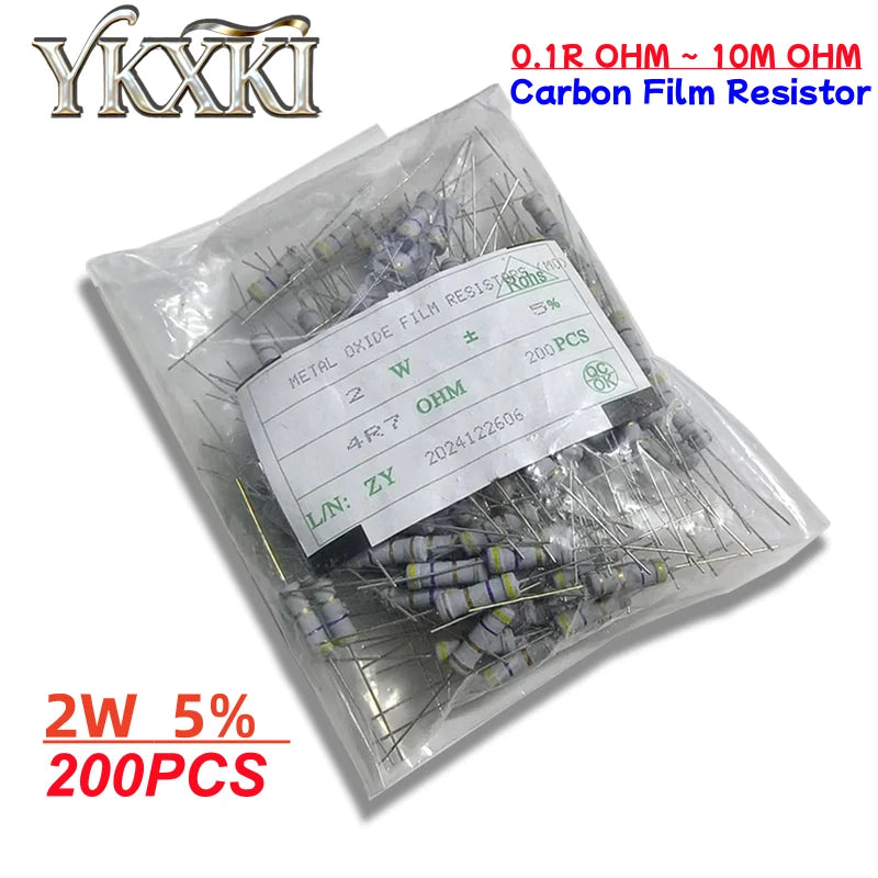 200pcs 2W Carbon Film Resistor 5% 0.1R ~ 10M 10R 22R 33R 100R 220R 330R 1K 2.2K 3.3K 4.7K 10K 22K 47K 100K 1M 100 220 330 ohm